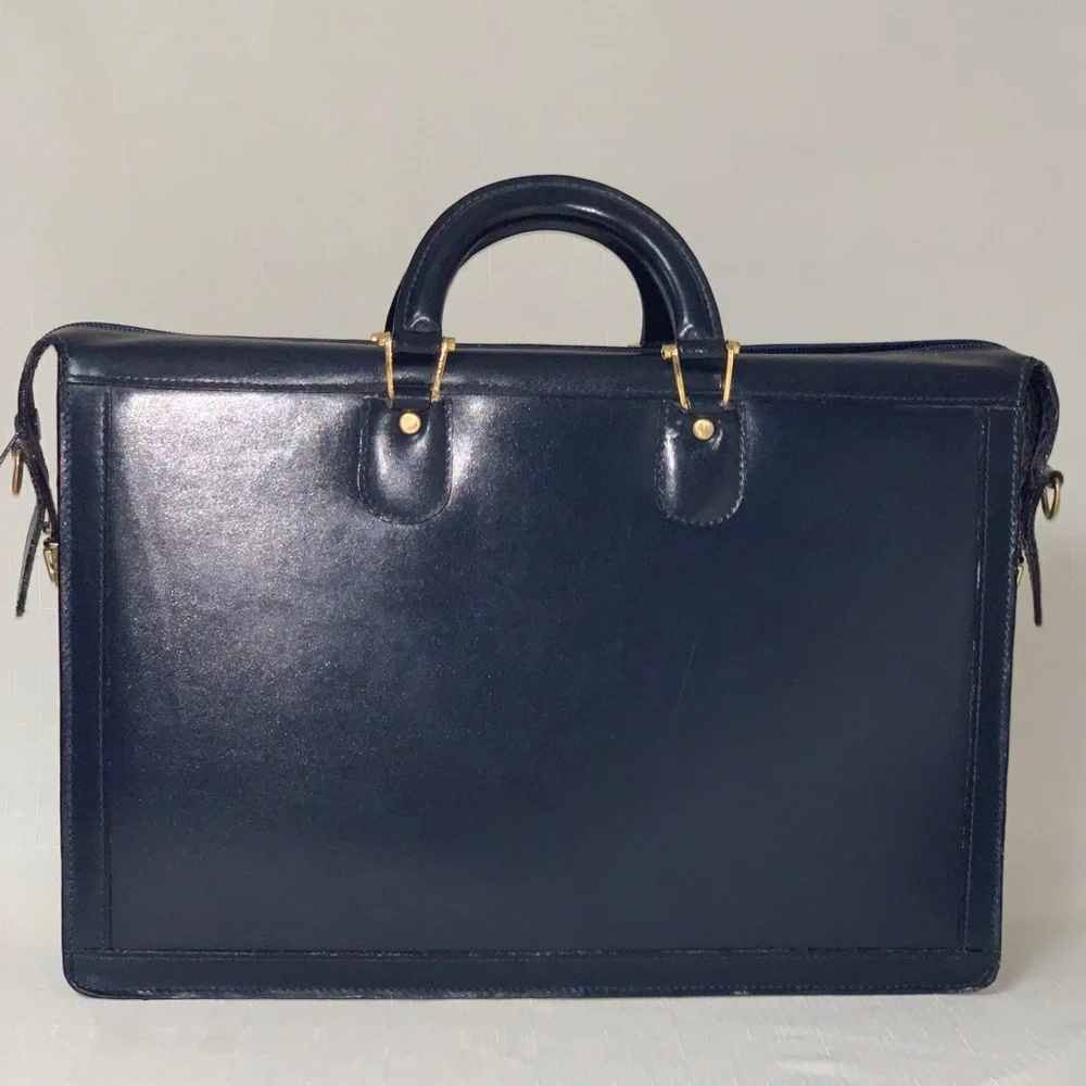 VINTAGE Atlantic Leather Briefcase Crossbody Handbag Navy Blue Attaché Case Luxe